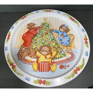 Giftco Christmas Tin Serving Tray With Teddy Bears Decorating Tree